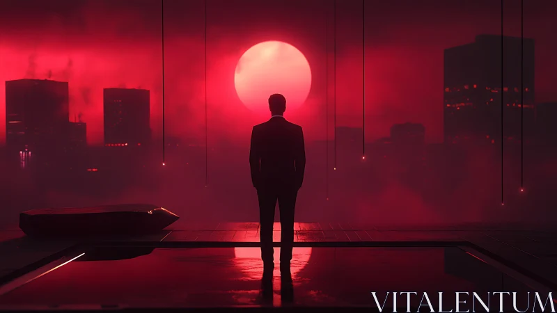 Solitary dreamer watching a neon red city sunset glow.