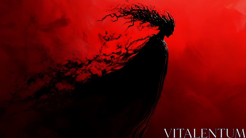 Silhouetted wraith profile dissolving into red void field.