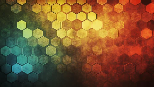 Vibrant hexagonal abstract background with grunge texture effect.