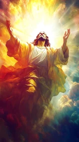 Radiant robed figure ascending through luminous celestial clouds