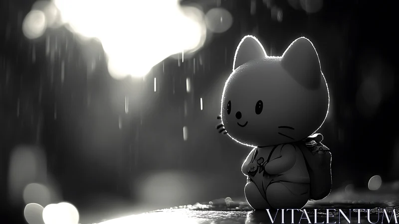 Monochrome cat figurine in rain with high contrast lighting.