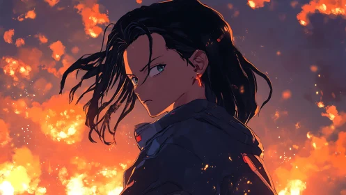 Fierce anime hero standing strong in a storm of glowing embers.