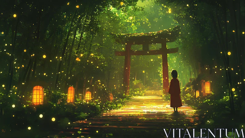 Child in forest pathway before illuminated torii gate at dusk.