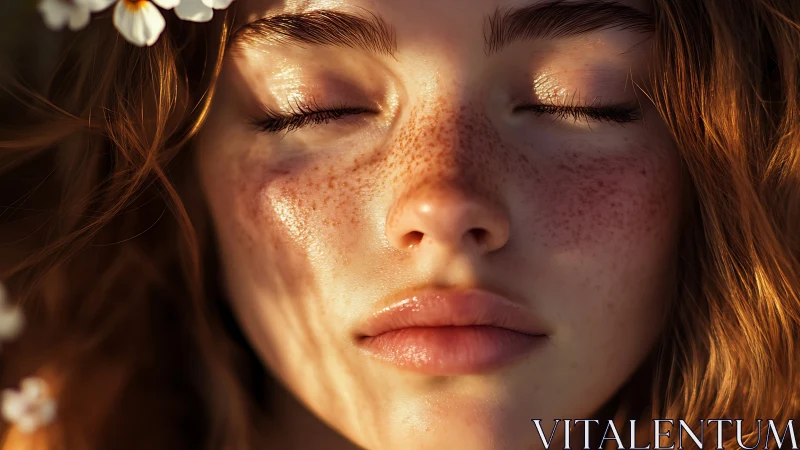 Freckled portrait in raking sunlight with macro facial detail.