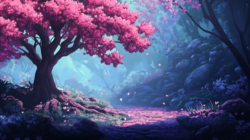 Enchanted Forest Sanctuary with Blooming Cherry Tree.