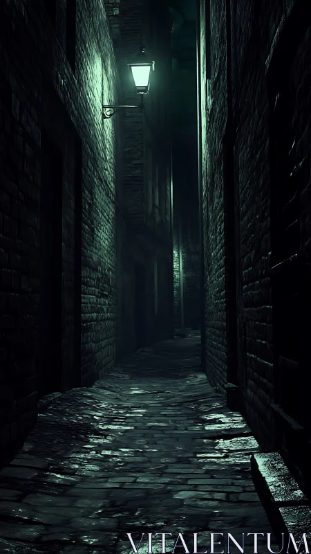 Narrow brick alleyway is illuminated by sparse wall lamps