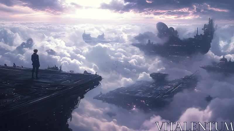 Lone figure surveys colossal sci‑fi sky platforms above clouds.