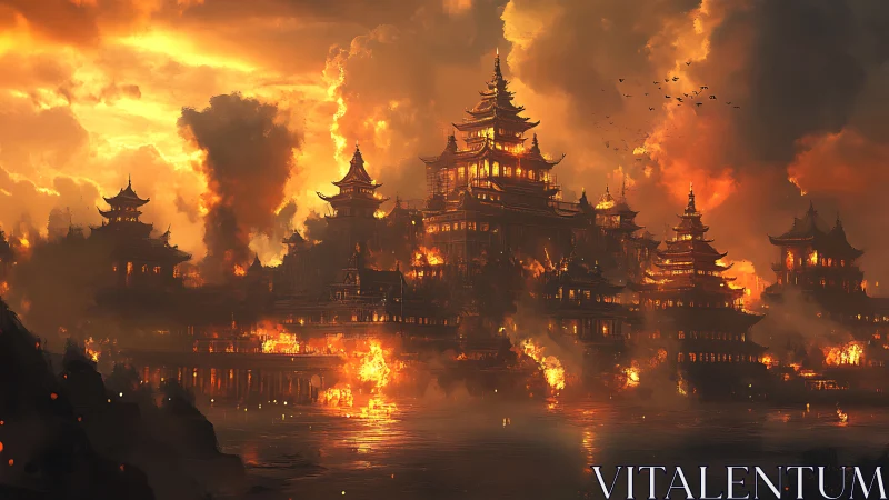 Incandescent pagoda citadel under large scale urban conflagration.