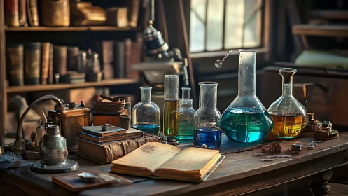 Vintage laboratory desk glows with colorful glass chemistry.