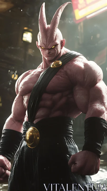 Menacing pink warrior dominates a moody urban battleground