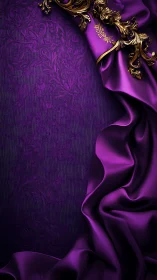 Purple damask background with gold scrollwork and fabric border.