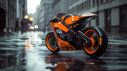 Orange racing superbike stands on wet city street in rain