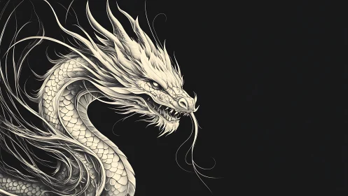 Ivory eastern dragon coils over stark black void. Period.