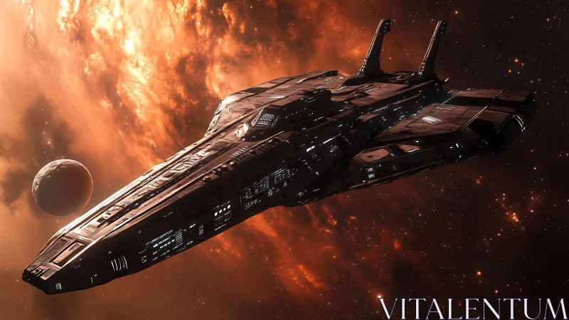 Stately starship glides past a glowing nebula and lone planet
