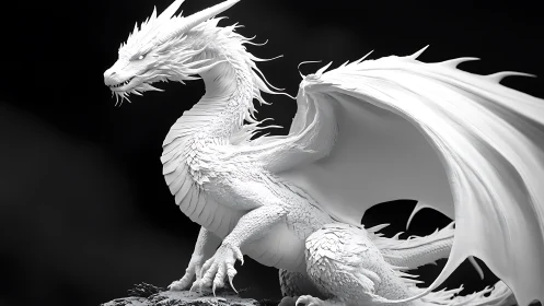 High-detail white dragon sculpture rendered in dramatic grayscale