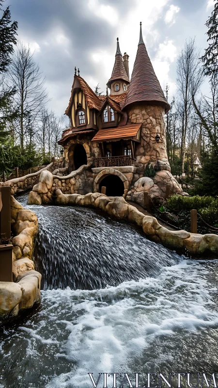 Storybook stone cottage overlooking cascading stream waterfall.