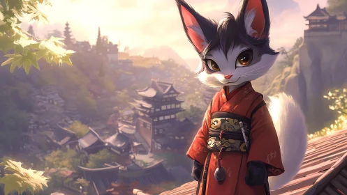 Fox-eared samurai child overlooks serene mountain village.