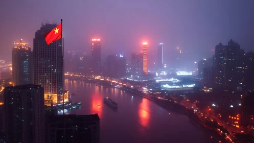 City river skyline at night with illuminated skyscrapers