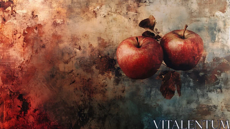 Suspended red apples contrast against abstract textured ground