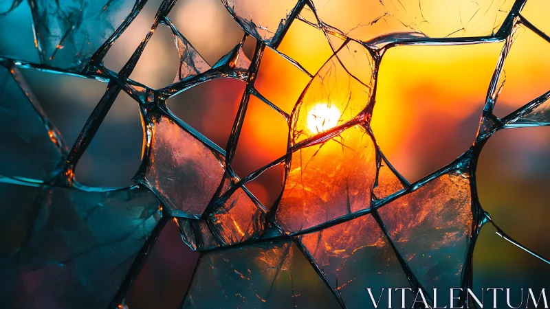 Shattered glass frames a glowing sunset in vivid color.