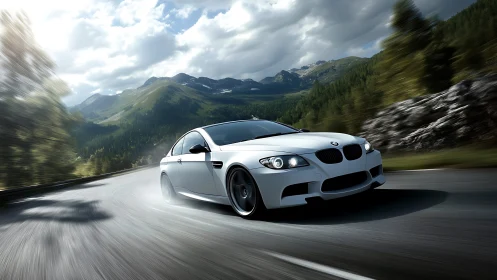 White performance coupe on curved mountain road at speed.