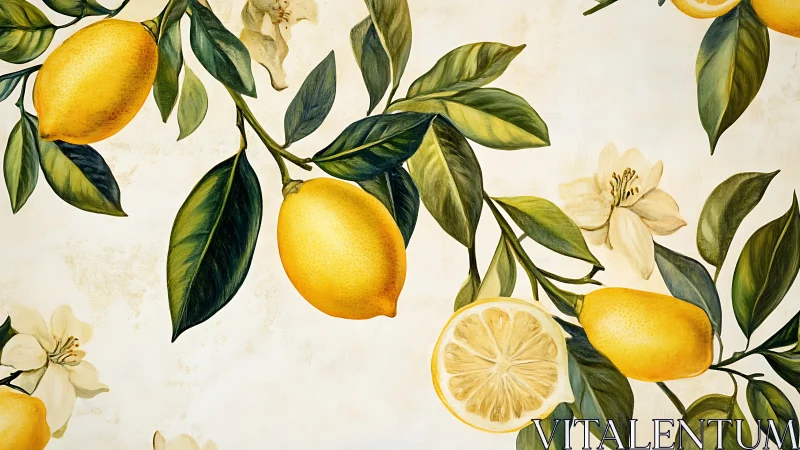 Lemon branches with foliage and blossoms on light backdrop.