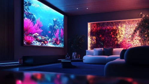 Immersive living room glows with vibrant digital aquariums