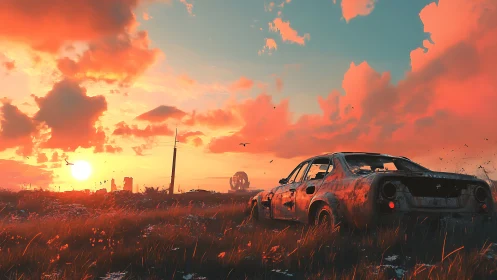 Rusting sedan sits in tall grass under vivid orange sunset