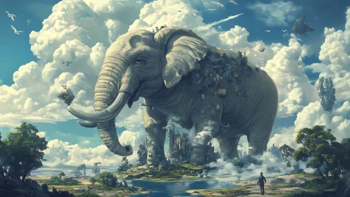Skyward elephant city wandering through clouds of wonder.