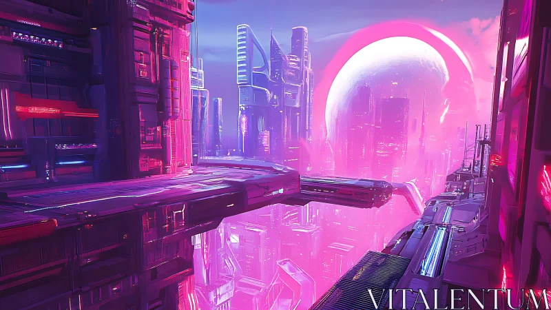 Neon megacity glows beneath colossal pink ringed moon.