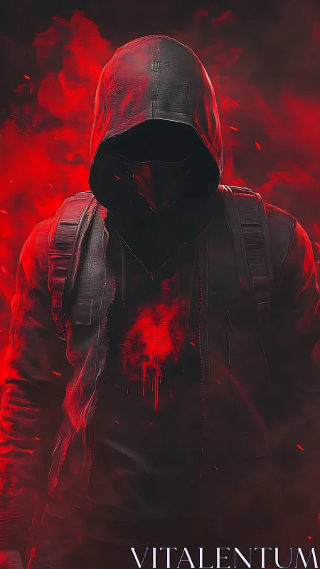 Hooded figure in red smoke stands centered with obscured face