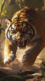 Charging tiger in sunlit jungle with explosive motion blur.