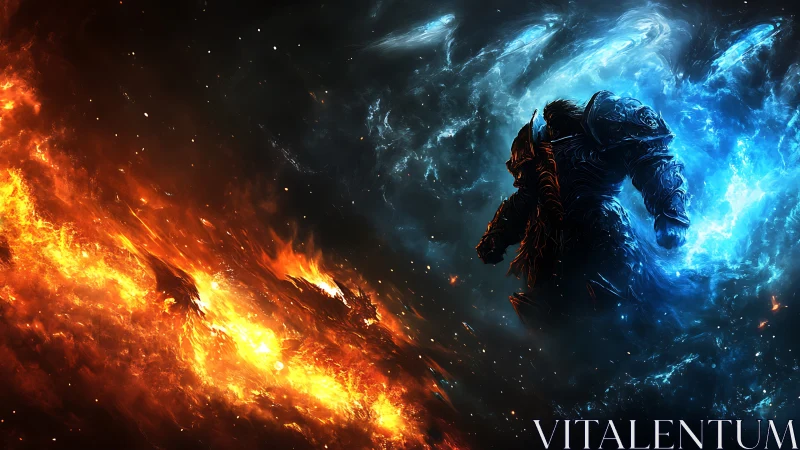 Armored figure between opposing fire and ice energies.