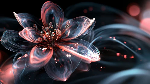 Luminous glasslike flower blooms within swirling neon haze