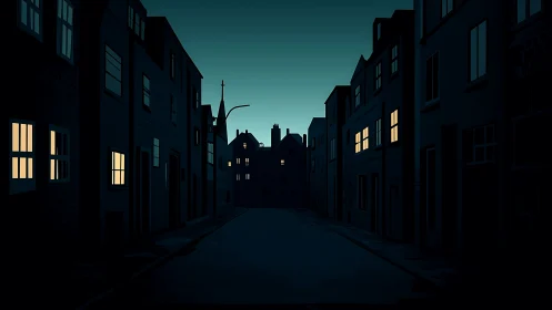 Nocturnal street corridor with silhouetted townhouses and warm windows