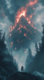 Solitary Figure Confronts Volcanic Mountain Eruption.
