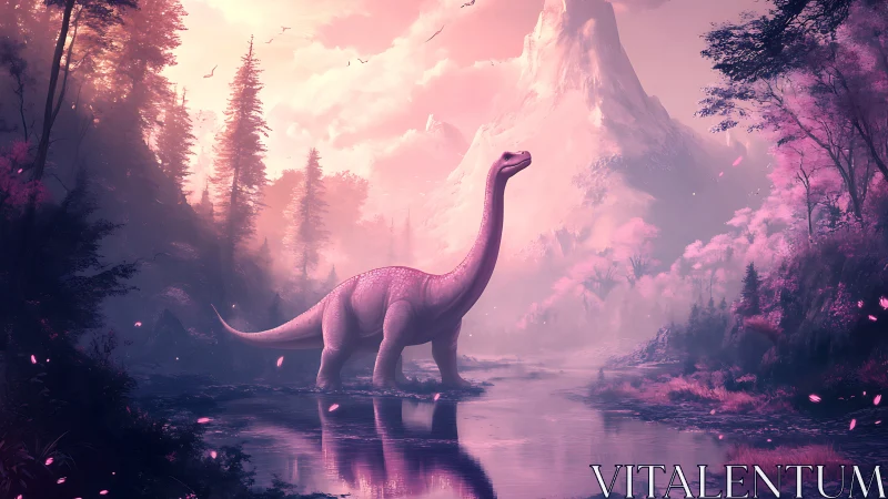 Sauropod dinosaur stands in reflective river under pink sky