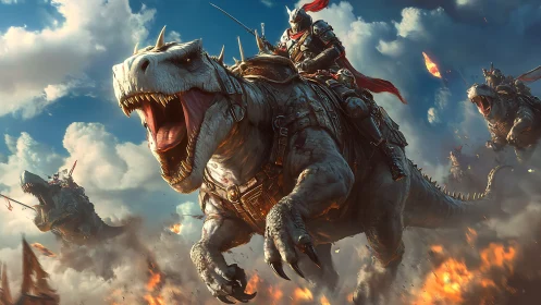 Armored knights charging battlefield atop war dinosaurs.