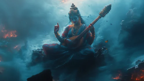 Celestial musician floats in stormlit clouds of swirling fire.