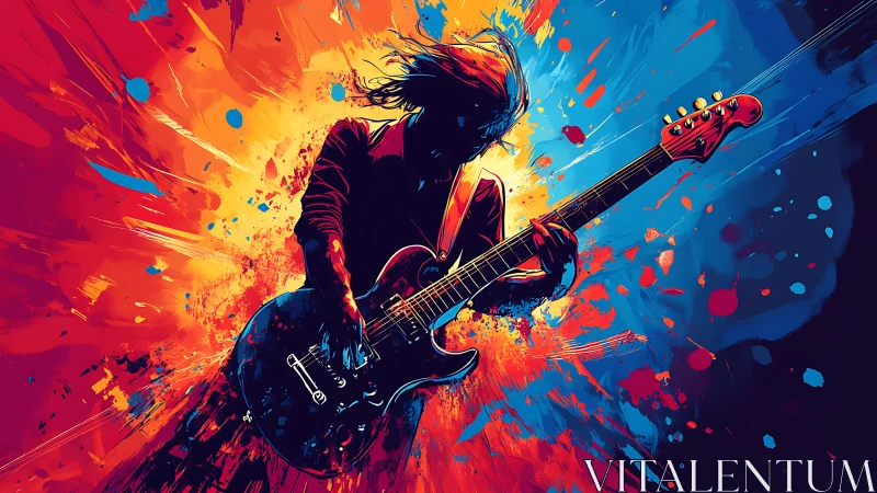 Silhouetted rock guitarist cuts through explosive neon color burst
