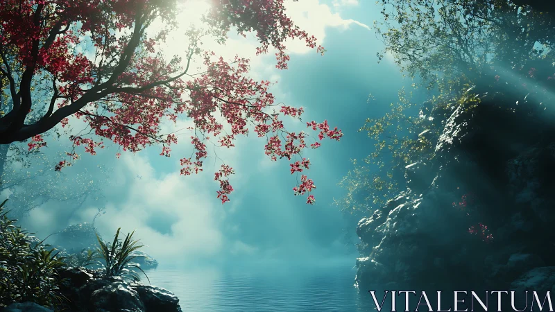 Serene Blossoms Over Turquoise Waters and Misty Cliffs.