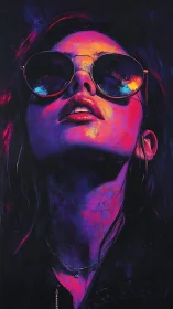 Chromatic neon portrait with reflective sunglasses and tilt-up gaze.