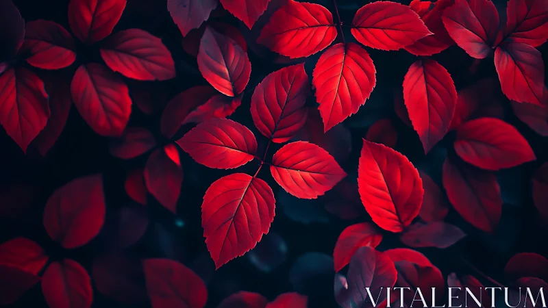 Macro closeup of vivid red foliage on dark defocused background