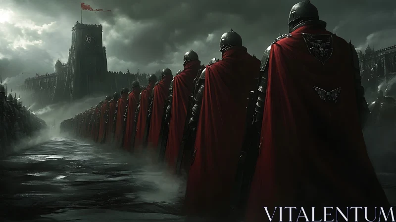 Armored soldiers in red cloaks before fortified citadel.