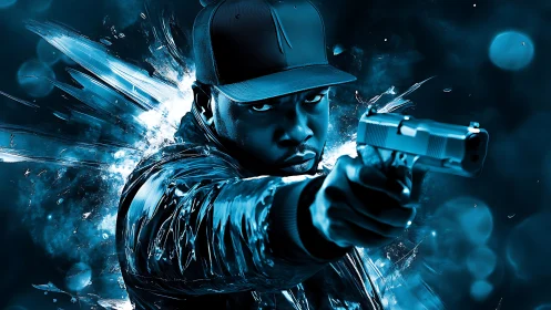 Intense gunman emerges from blue explosive light burst