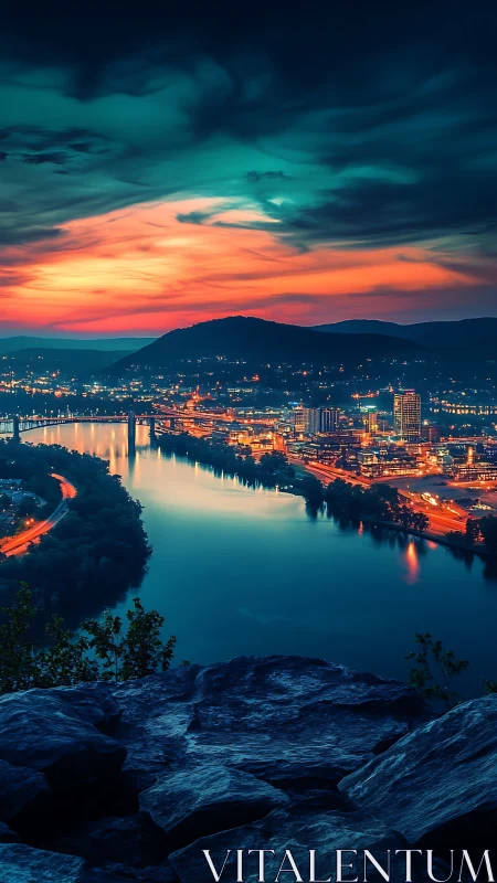 Vibrant riverfront cityscape under dramatic sunset sky.