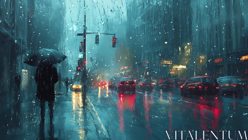 Glistening city street welcomes quiet walks in evening rain