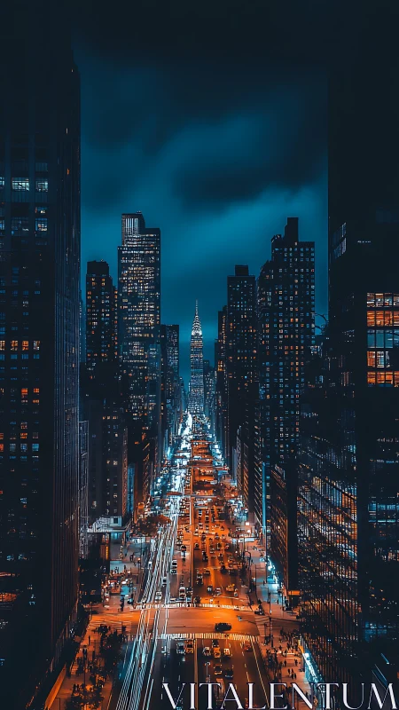 Night city street with tall skyscrapers and traffic glow.