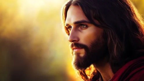 Profile portrait shows long-haired bearded man in warm light