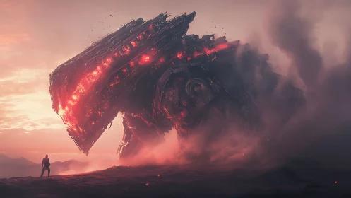 Colossal burning mech looms over lone figure at dusk.